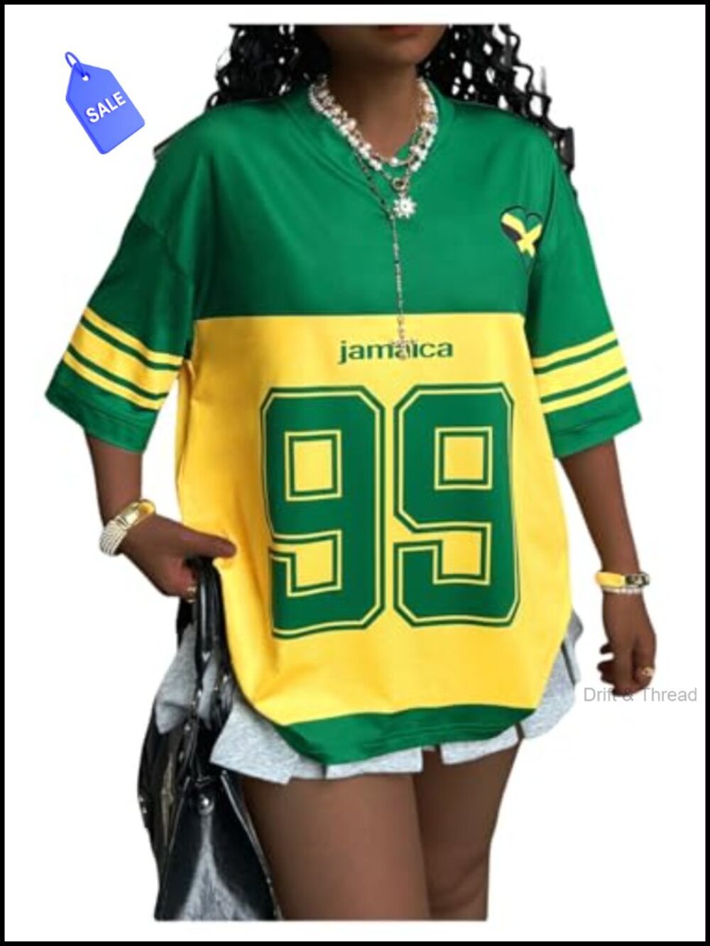 Y2k Jamaica Jersey Shirt Number Graphic Tee V-Neck Half Sleeve Drop Shoulder